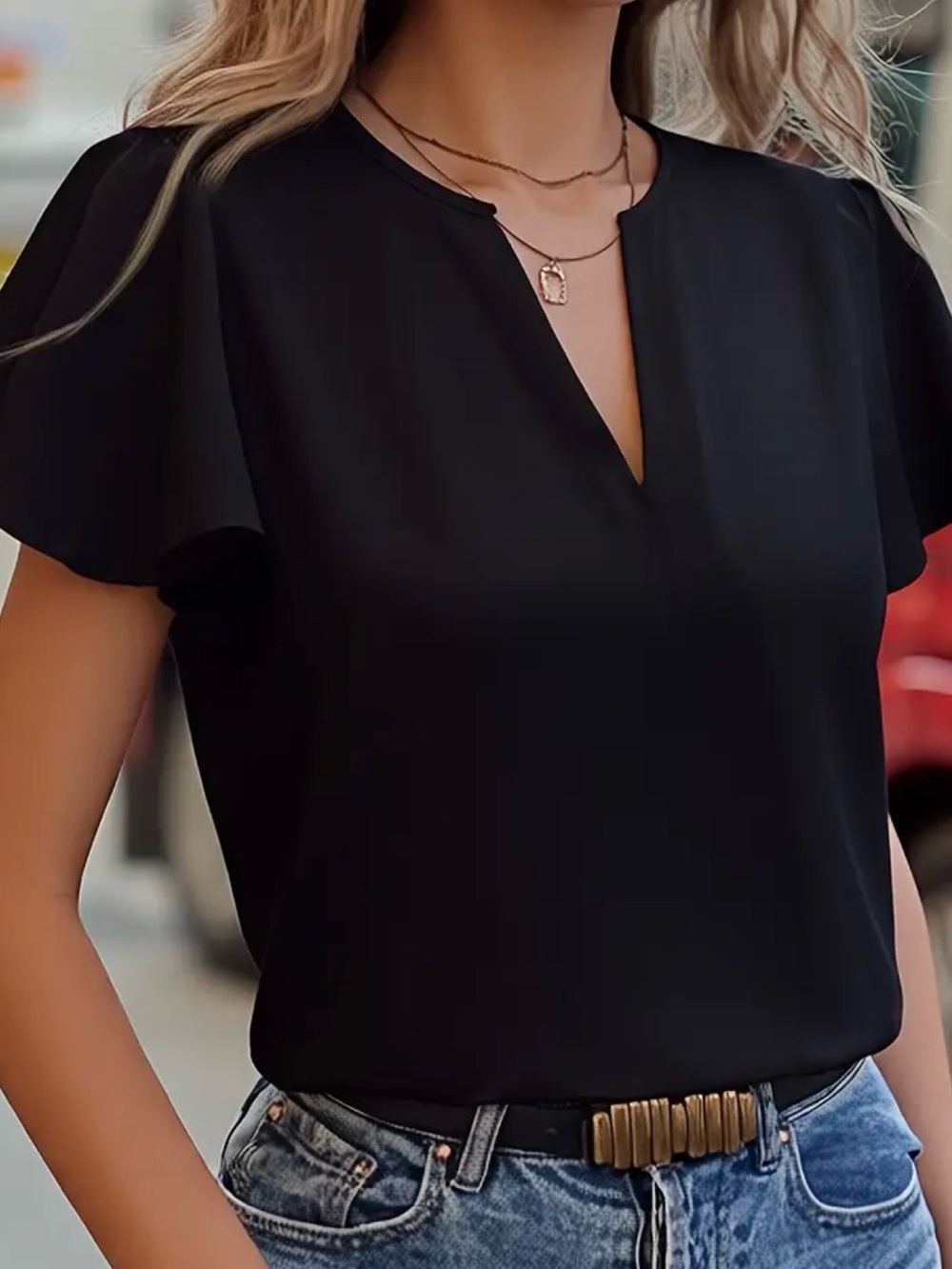 Women's Black Split-Neck Flutter Sleeve Blouse